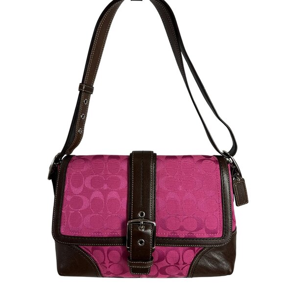 Coach Pink Hampton Signature C Canvas & Brown Leather Hobo Bag Y2K F13018 - Picture 2 of 13